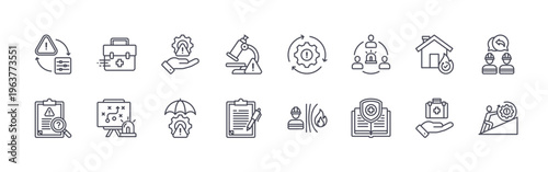 collection of 16 minimal thin line incident management icons such as control, evaluation, emergency kit, emergency plan, risk management, mitigation, analysis, clipbboard, recovery. editable