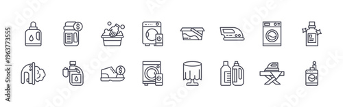 collection of 16 minimal thin line laundry icons such as detergent, iron, detergent, detergent, laundry bucket, shoes, washing hine, washing hine, laundry bucket. editable stroke