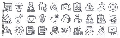 Set of 30 incident management minimal thin line icons including emergency, risk assessment, disaster recovery, first aid, security, contingency, protocol, and response