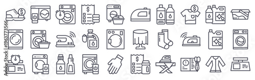 Set of 30 laundry minimal thin line icons including washing hine, detergent, iron, cleaning gloves, socks, shoes, bucket, dryer. Vector outline web symbols