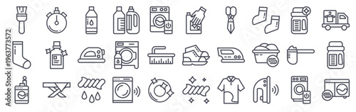Set of 30 laundry and cleaning minimal thin line icons including washing hine, iron, detergent, ironing board, cleaning brush, socks, delivery truck, timer