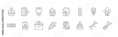 collection of 16 minimal thin line happy birthday icons such as birthday cake, happy birthday, messages, birthday card, bouquet, invitation, cupcake, confetti, photo booth. editable stroke