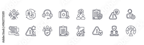 collection of 16 minimal thin line incident management icons such as disaster, process, communication, emergency notification, headphone, public safety, first aid kid, report,