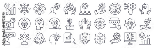 Set of 30 strategic innovation minimal thin line web icons including growth, analysis, prototyping, agile, disruption, transformation, collaboration, partnerships, competitive solutions
