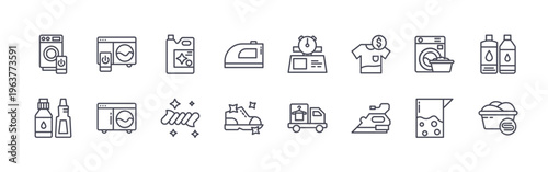 collection of 16 minimal thin line laundry icons such as washing hine, detergent, washing hine, washing hine, detergent, spin clothes, iron, shoes, laundry scales. editable stroke