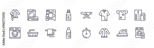 collection of 16 minimal thin line laundry icons such as dress, washing hine, washing hine, cleaning brush, washing hine, towel, detergent, detergent, ironing board. editable