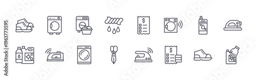 collection of 16 minimal thin line laundry icons such as shoes, detergent, washing hine, iron, washing hine, washing hine, spin clothes, scissors, bill. editable stroke vector