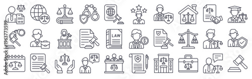 Set of 30 attorney and law minimal thin line web icons including license, advice, supreme, prevention, action, client, medical, consultation, gavel, justice