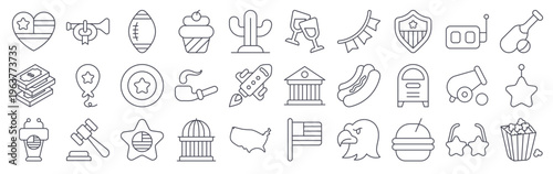 Set of 30 USA patriotic minimal thin line vector icons including flag, capital, white house, eagle, statue of liberty, hot dog, cupcake, baseball, and American symbols