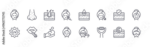 collection of 16 minimal thin line aesthetic treatment icons such as scar, uv, blackhead, lip filler, hair removal, foam, microdermabrasion, acne, hyaluronic acid. editable stroke vector