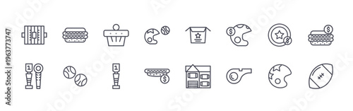 collection of 16 minimal thin line american icons such as rugby field, trophy, hotdog, baseball, sport building, trophy, baseball helmet, hotdog, french fries box. editable stroke vector