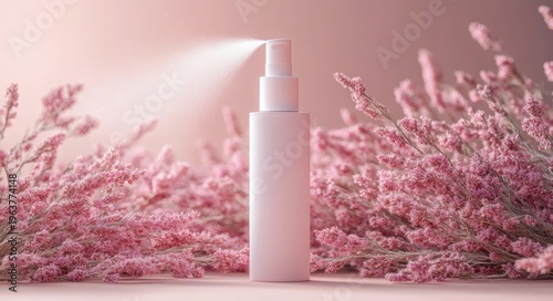 pale pink spray bottle releasing a fine mist among soft pink flowering branches, evoking a delicate, fresh and feminine beauty mood