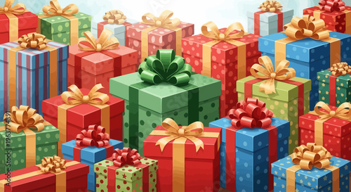 Pile of colorful gift boxes with ribbons and bows