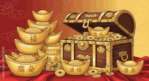 Treasure chest overflowing with Chinese gold ingots and coins, symbolizing wealth and luck.