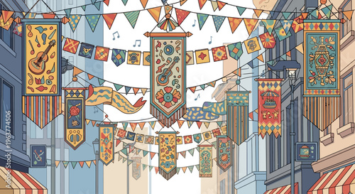 Colorful street festival with festive banners and musical decorations.