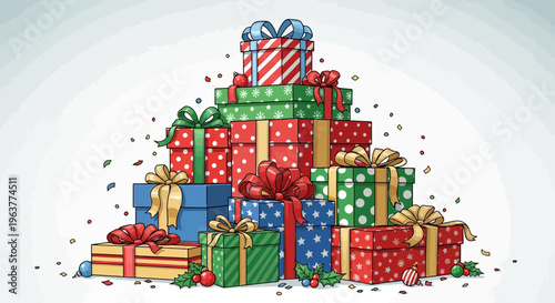 A vibrant stack of colorful Christmas gifts with festive bows and decorations.