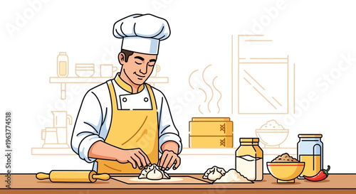 Chef preparing dumplings in a kitchen setting.