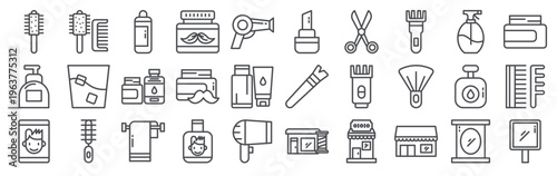 Set of 30 barbershop thin line editable web icons including hair clipper, scissors, comb, shampoo, hair dryer, shaving cream, razor, brush, and mirror