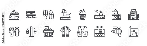 bundle of 16 editable thin line beach resort icons including summer, flip flops, pier, shower, flippers, reception, lounger, shirt, wine. editable stroke vector illustration isolated on white