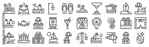 Set of 30 beach resort editable thin line icons including sailboat, lifeguard, swimming pool, lounger, cocktail, surfing, aquatic sports, sunset, hammock, tropical vacation elements