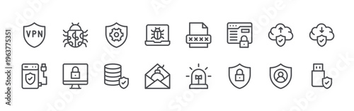 bundle of 16 editable thin line data protection icons including vpn, hard disk, malware, lock, shield, database, malware, malware, lock. editable stroke vector illustration isolated on white