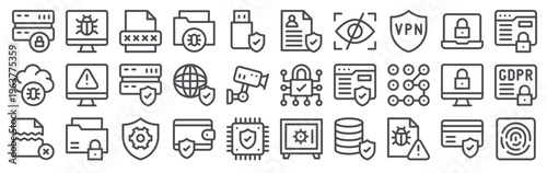 Set of 30 data security editable thin line icons including padlock, shield, firewall, malware, fingerprint, lock, vpn, encryption, protection and cybersecurity symbols