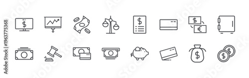 bundle of 16 editable thin line finance icons including emoney, money, analyctics, knock, money, creadit card, scale, transaction, invoice. editable stroke vector illustration isolated on white