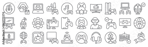 Set of 30 video gaming editable thin line icons including controller, console, headset, keyboard, mouse, virtual reality, multiplayer, online game accessories in outline vector format