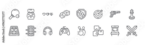 bundle of 16 editable thin line game icons including ping pong, pinball, mobile game, table football, heart, headphones, dices, joystick, shield. editable stroke vector illustration isolated