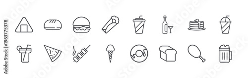 bundle of 16 editable thin line food and drink icons including onigiri, drink, bread, fruit, humburger, satay, kebab, ice cream, drink. editable stroke vector illustration isolated on white