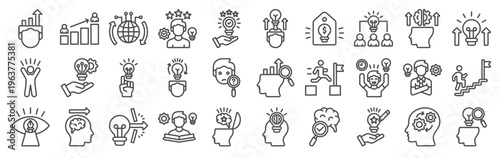 Set of 30 growth creativity editable thin line icons including self growth, learning skills, ingenuity, expertise, progress, innovation, competence, transformation, breakthrough and more
