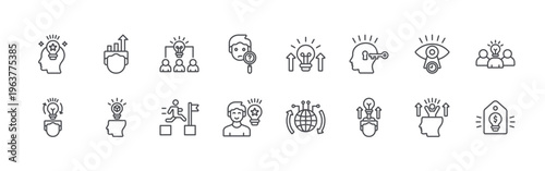 bundle of 16 editable thin line growth creativity icons including invention, creative process, self growth, novelty, synergy, overcome, curiosity, inspiration, innovation. editable stroke vector