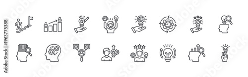 bundle of 16 editable thin line growth creativity icons including persistent, search of knowledge, evolution, dynamism, creation, know yourself, creative activity, aptitude, think big.
