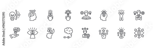 bundle of 16 editable thin line growth creativity icons including breakthrough, innovative solutions, progress, artistic, conceptualization, ingenuity, proactive, mind recharge,