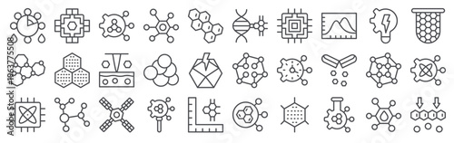 Set of 30 nanotechnology thin line web icons including nanoparticle, research, nacale, nanocrystal, quantum, molecular, naensor, nanobiotechnology, and more