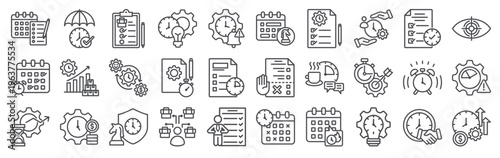Set of 30 productivity editable thin line web icons including task management, planning, scheduling, time tracking, deadline, reminder, multitasking, efficiency and workflow optimization