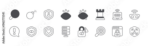 bundle of 16 editable thin line security icons including search, caution, bomb, security, personal protection, shield, visible, database, visible. editable stroke vector illustration isolated on