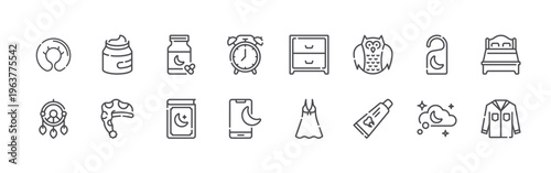 bundle of 16 editable thin line sleep icons including neck pillow, dreamcatcher, night cream, sleeping hat, capsule, story book, alarm, smartphone, cabinet. editable stroke vector