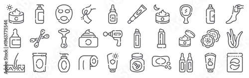 Set of 30 skincare and beauty editable thin line vector icons including cream, sunscreen, serum, lotion, cleanser, mask, tissue, cucumber, lipbalm and cosmetic treatments