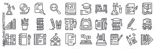 Set of 30 school education editable thin line web icons including science, exam, pencil, office supplies, diary, library, teaching, chemistry, math, biology