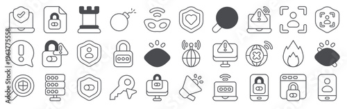Set of 30 security thin line editable vector icons including password, protection, lock, shield, database, firewall, authentication, encryption, privacy and cybersecurity symbols