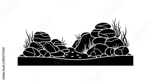 Black silhouette of rocky landscape.