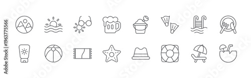 bundle of 16 editable thin line summer icons including mountain, sunscreen, sunrise, beach ball, sunglasses, beach towel, beer mug, starfish, sand bucket. editable stroke vector illustration