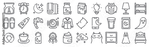 Set of 30 sleep and bedtime editable thin line icons including aromatherapy, dreamcatcher, night cream, blanket, pillow, sleeping mask, moon, scented candle, story book, pijama