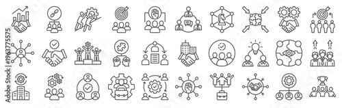 Set of 30 business teamwork editable thin line icons including growth, collaborative, dynamics, shared, progress, collective, group, leadership, alliance, cooperation vector illustration