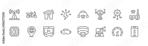 bundle of 16 editable thin line technology icons including signal, hine learning, motorcycle, geolocation, smart home, gameplay, power, vr glasses, headset. editable stroke vector