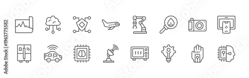 bundle of 16 editable thin line technology icons including earthquake, smart fridge, connected, autonomous car, block chain, artificial intelligence, airplane, satellite dish,