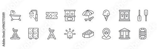bundle of 16 editable thin line water park icons including bathtub, lifeguard tower, shower, locker, ticket, chair, ticket counter, sun, sunbed. editable stroke vector illustration isolated on