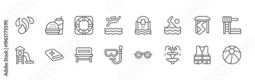 bundle of 16 editable thin line water park icons including water splash, water slide, food, towel, life buoy, bench, dive, glasses, bucket. editable stroke vector illustration isolated on