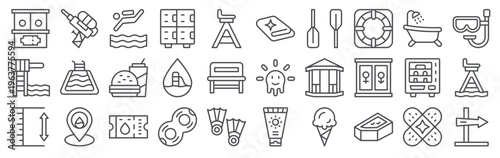 Set of 30 water park thin line icons including swimming pool, float, lifeguard tower, locker, ticket counter, vending hine, gazebo, life buoy, sunscreen, towel and more